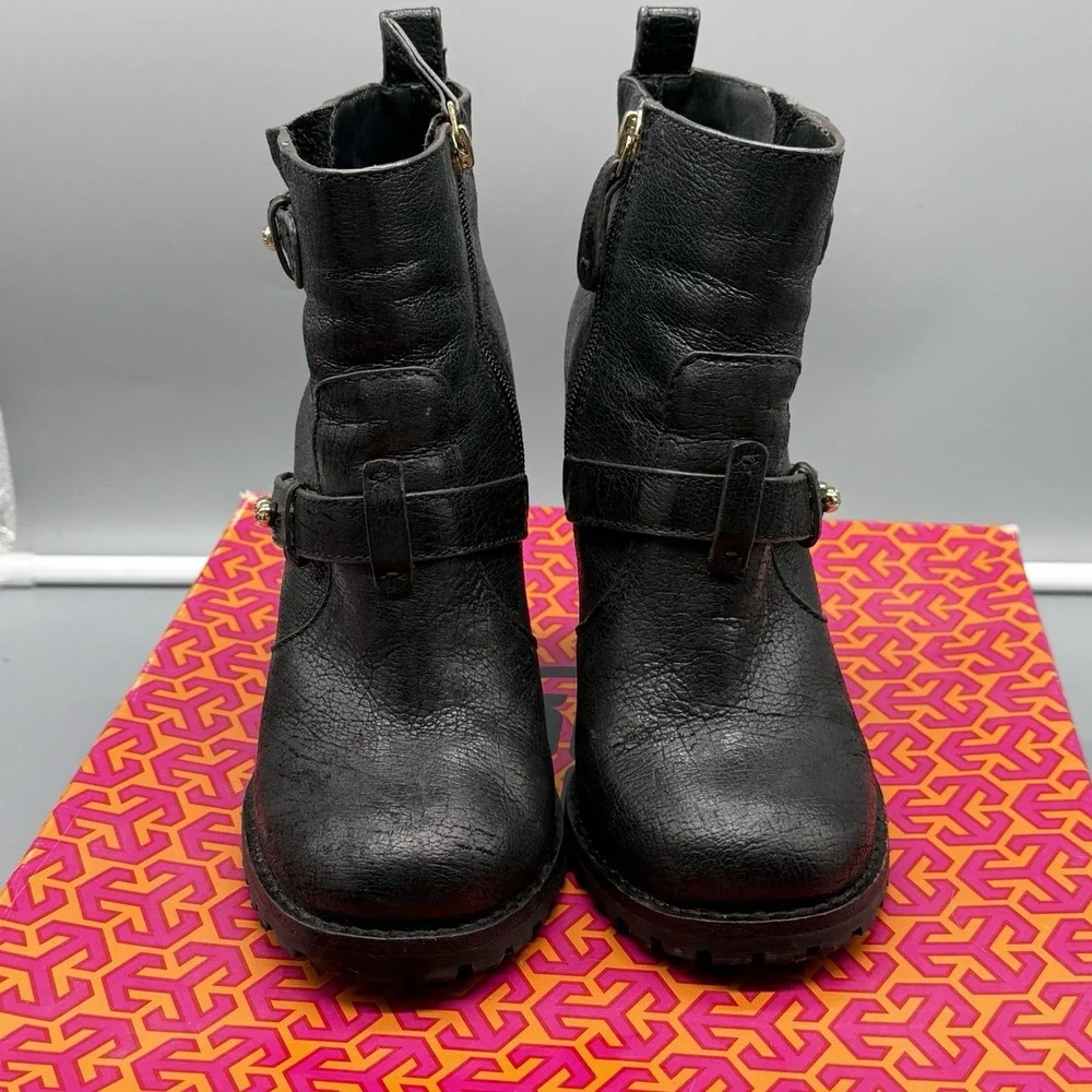 Tory Burch Landers Bootie Black Leather Studded Ankle Boots‎ Chunky Heel Size 7
